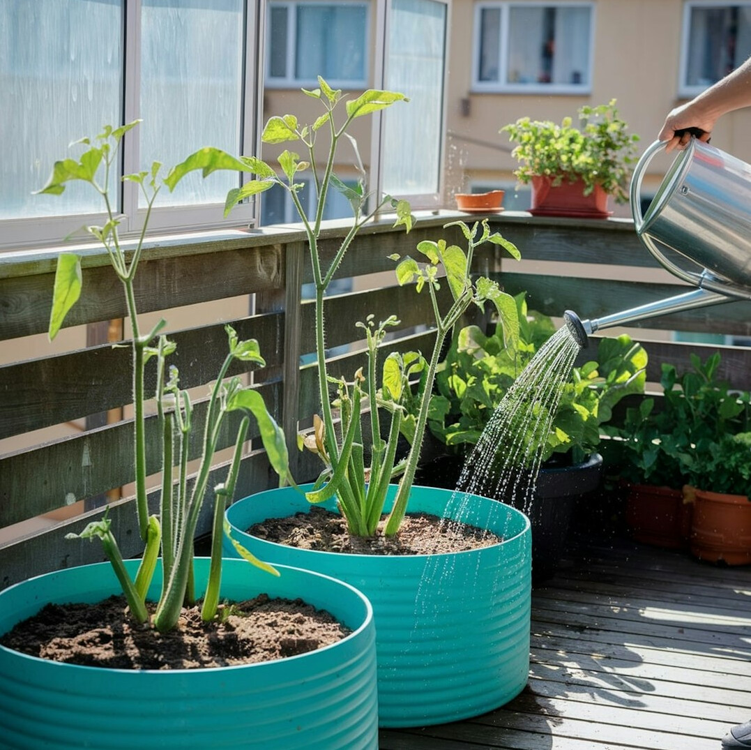 person tending balcony plants